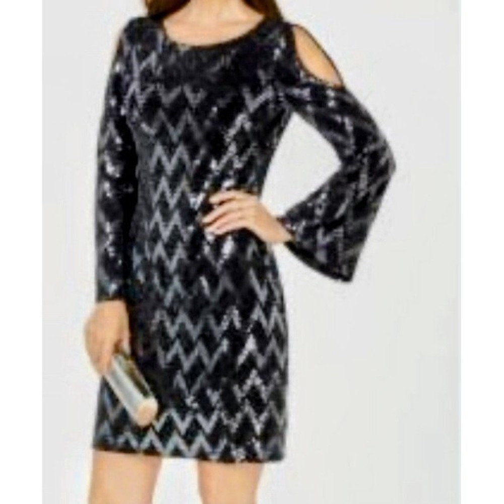 Jessica Howard Sequin Mettalic Chevron Blue Cold Shoulder Mini Dress Size 6P
